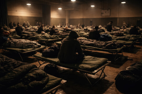 Refugees sitting on cots in large dark temporary shelter warehouse. generative AI