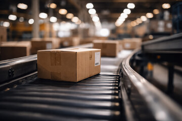 Cardboard Boxes on Automated Conveyor Belt in Large Modern Warehouse. generative AI