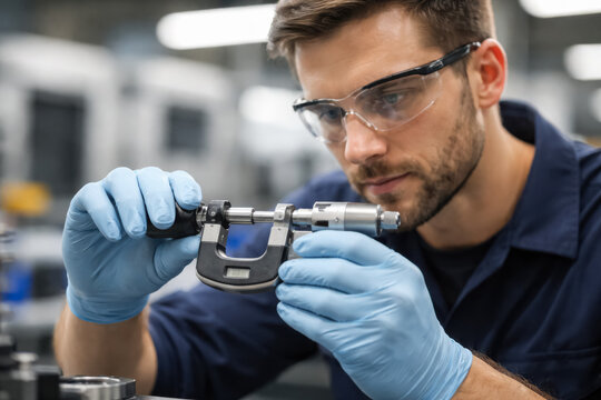 Engineer measuring precision part with micrometer in a factory, quality control and manufacturing inspection concept, generative AI