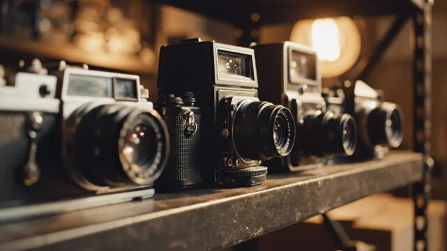 Vintage Camera Collection Lined Up on Shelf, Retro Photography Gear
