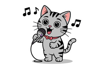Fototapeta premium A cartoon cat enthusiastically singing into a microphone with musical notes around it.