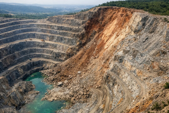 Massive landslide and rockfall in deep open pit mining quarry. generative AI