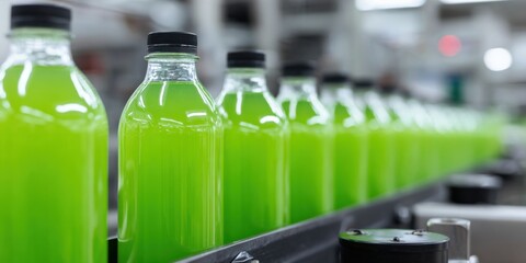 Green juice bottles on assembly line in beverage factory