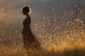 A woman stands quietly in a sunlit field wearing a patterned dress as golden particles drift around her in warm sunset light.