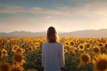 A person stands still in a bright field of sunflowers at sunrise, facing forward toward the distant mountains during golden hour light and calm air.