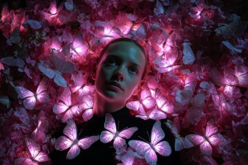 A woman lies gently among glowing pink butterflies that surround her head and shoulders as soft light shines from all directions.