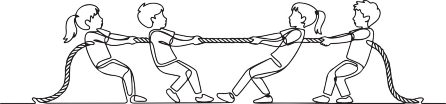 line art of children playing tug of war.group of children playing tug of war one line vector. one line Art icon drawing vector