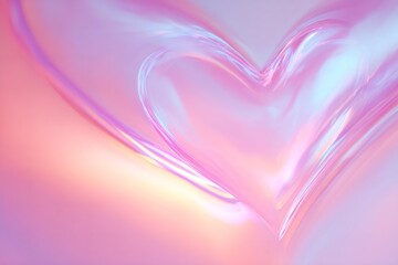 romantic photography, stylish lens distortion setup featuring a stretched pink holographic heart, smooth surface, soft overhead glow, and spacious copy area