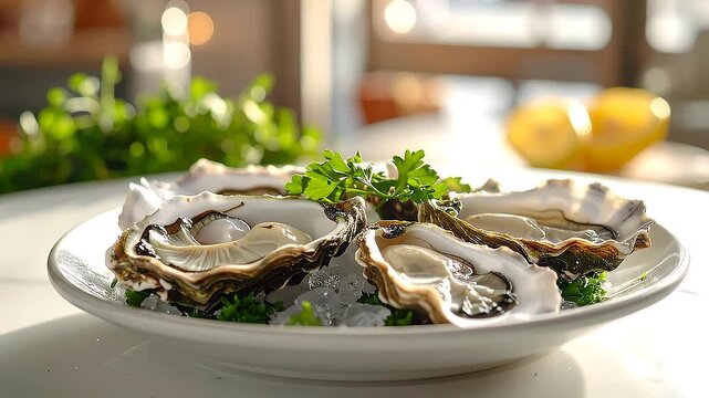 白い皿に整然と並ぶ生牡蠣がレモンと共に提供される上品な食卓