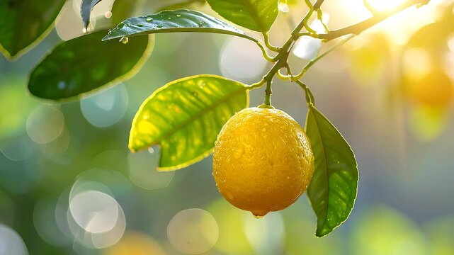 枝に実る黄色い柚子が柔らかな光に包まれ自然の豊かさを表現する