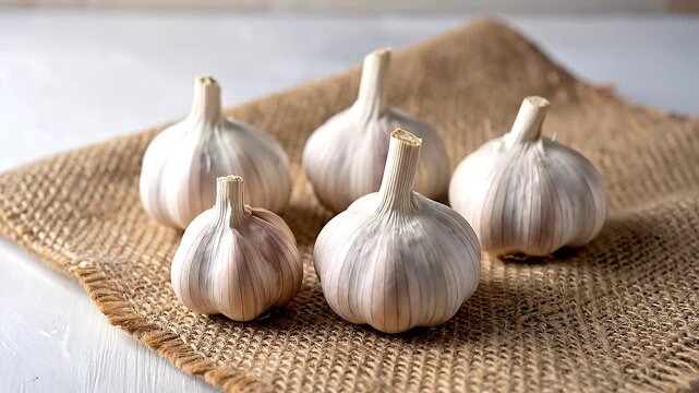 布の上に置かれた丸ごとのニンニクが素朴な食材の魅力を表現する