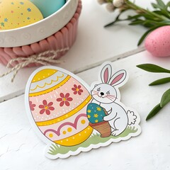 Cute Easter sticker of a bunny with decorative eggs, perfect for festive crafts and decor