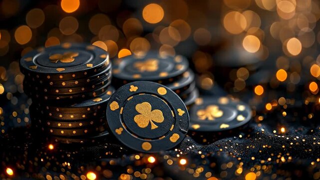 Black poker chips with gold icons. Black poker chips with gold designs are stacked on a dark surface, illuminated by soft golden light.