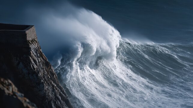 extreme surfing challenge, in portugals nazar, a massive wave towers over a fearless surfer near the lighthouse fortress in an awe-inspiring scene