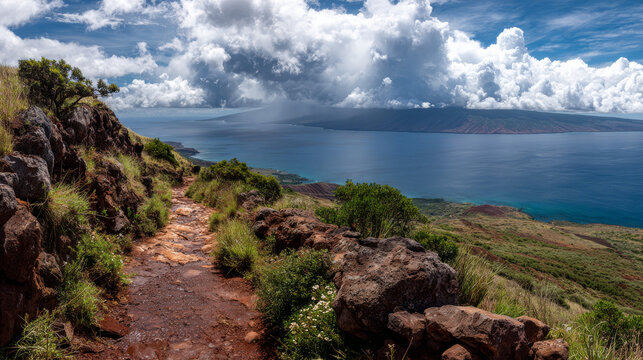 Rain and sunshine creating dramatic light along a coastal trail on Maui, Hawaii, with distant views of Kahoolawe island.