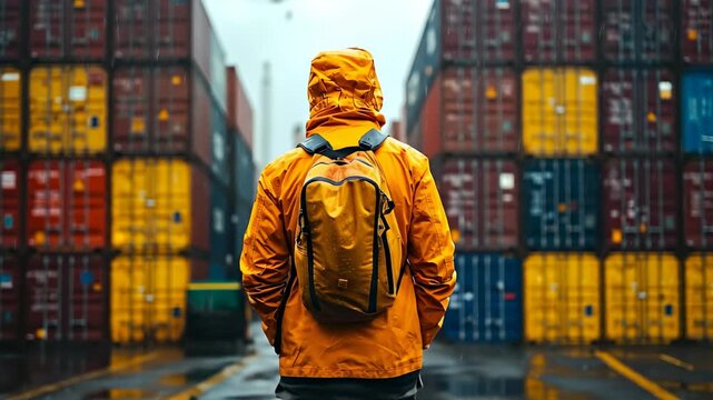 Person stands at a shipping yard in rain. A person wearing an orange jacket looks at rows of shipping containers on a rainy day in a busy shipping yard.