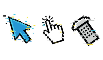 Fototapeta premium Retro pixelated icons: blue arrow cursor, hand click, telephone receiver graphics