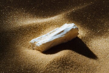 nature photography, luminous white bone fragment on golden sand creates a moody yet captivating composition with subtle shadows and ample copy space