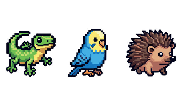 Pixel art animals: gecko, parakeet, and porcupine on white background