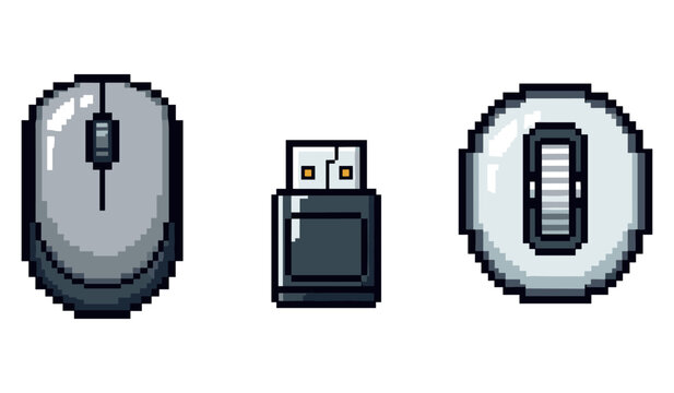 Pixel art wireless computer mouse and usb receiver set on white background
