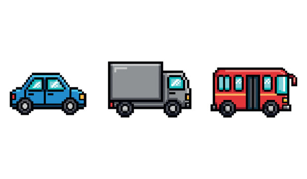 Pixel art vehicles: blue car, gray truck, red bus on white background