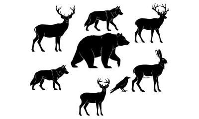 Fototapeta premium Black forest animal silhouette collection featuring deer, bear, wolf, hare, and crow isolated on white background for wildlife illustration use