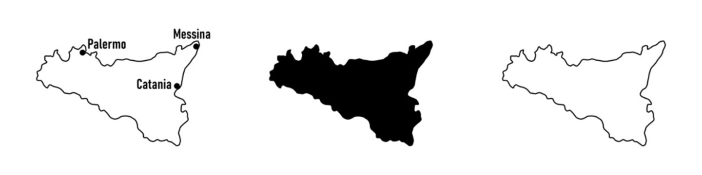 Stylized Simple Basic Sicily Island of Italy Map Icon Set with Various Styles including Outline Contour and Flat Solid Silhouette. Vector Image.