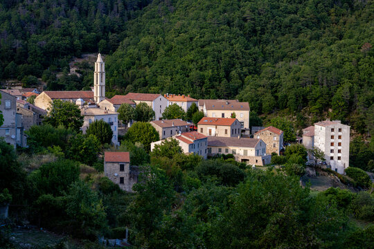 Le village de Ghisoni avec l'&eacute;glise Sainte-Marie, Corse, France