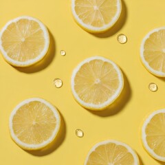 Fototapeta premium Fresh lemon slices and drops on yellow background