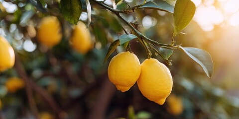 Sunlit lemon branch with ripe yellow lemons and green leaves on tree