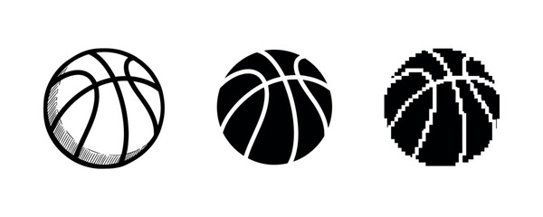 Obraz premium Three basketball designs: sketched, solid, and pixelated styles