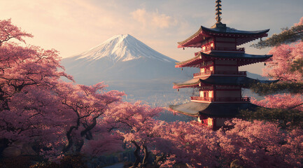 Fototapeta premium Mount Fuji with traditional pagoda and cherry blossoms in full bloom at sunrise