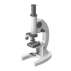 Modern laboratory microscope with optical lenses and adjustable focus knobs on a white background
