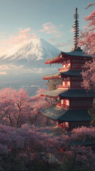 Obraz premium Mount Fuji with traditional pagoda and cherry blossoms in full bloom at sunrise