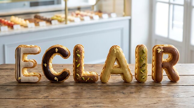 Gourmet eclairs shaped into letters spelling eclair in bakery
