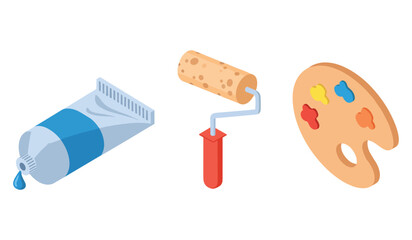 Fototapeta premium Artistic tools: paint tube, roller, and palette for creative projects