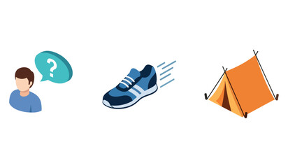 Naklejka premium Concepts of inquiry, movement, and adventure with person, sneaker, and tent icons