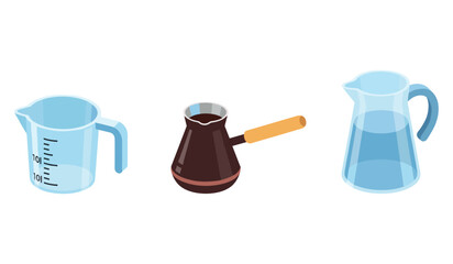 Naklejka premium Collection of kitchen vessels including measuring cup, turkish coffee pot, and water jug