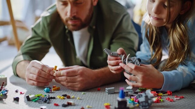 Daddy child building construction lying apartment floor closeup. Happy father