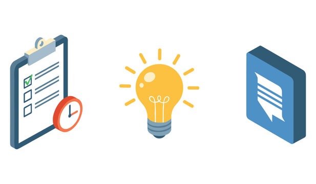 Checklist clipboard, light bulb, and document book isometric icons