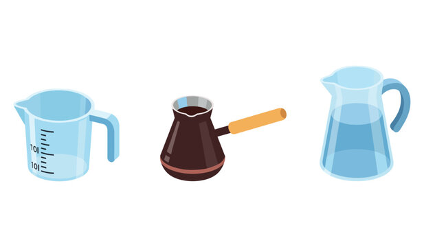 Collection of kitchen vessels including measuring cup, turkish coffee pot, and water jug