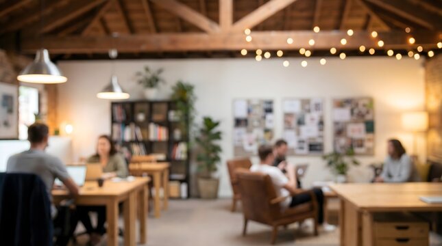 Blurred modern co-working office, showing professionals engaged in collaborative work and individual tasks, illuminated by warm string lights, creating a vibrant and productive atmosphere