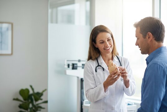 A female cardiologist explains the heart's anatomy to a male patient using a model.