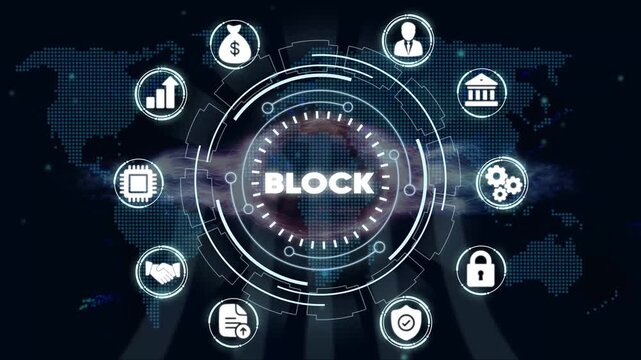 Blockchain Technology Concept with B L O C K Word and on Dark Background with Map cryptocurrency finance