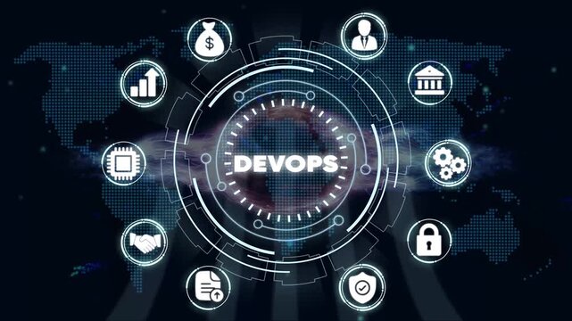 Dev Ops Concept with and Map Background Representing Global Software Development and Operations Collaboration