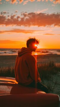 Man in orange hoodie sitting on vintage car hood watching sunset over the ocean