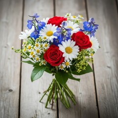 Obraz premium Rustic bouquet featuring red, white, and blue flowers styled simply for summer holidays and celebrations on weathered wood, minimal, flowers, floral