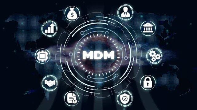 M D M Mobile Device Management Technology Concept with on Blue Map Background for Business Finance and Security Presentations