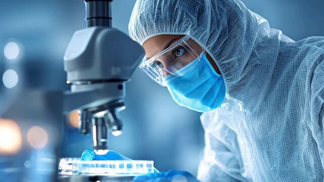 Scientist in protective gear using microscope