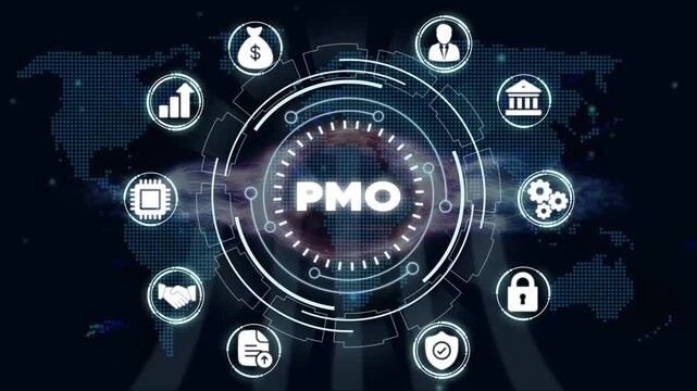 Project Management Office P M O Concept with Business and Map Background for Corporate Strategy and Planning